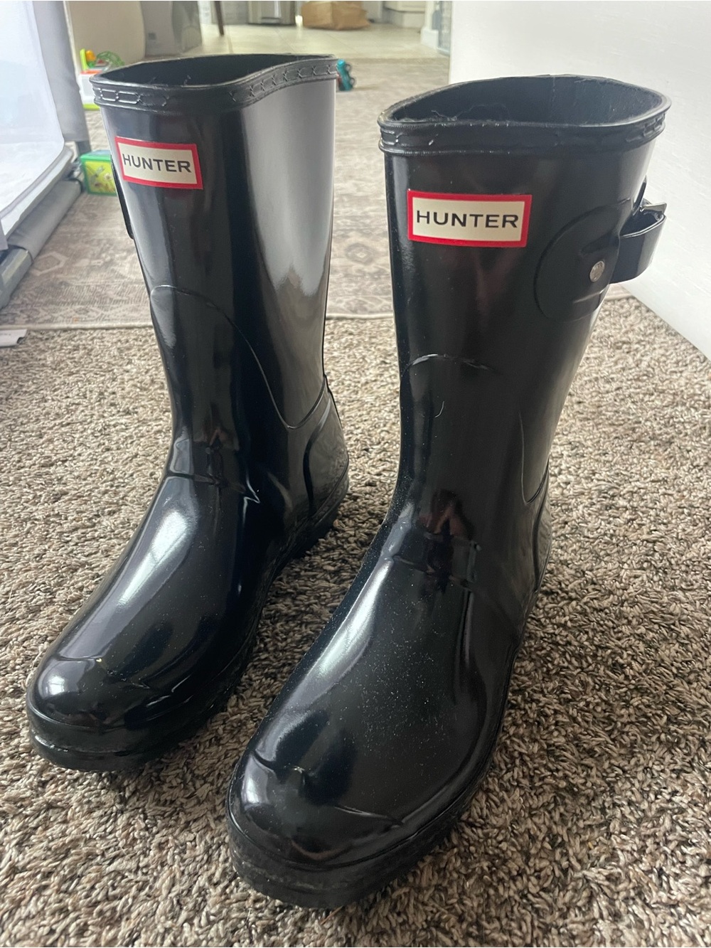 Hunter Black Gloss Mid-Calf Rain Boots with Side Buckle